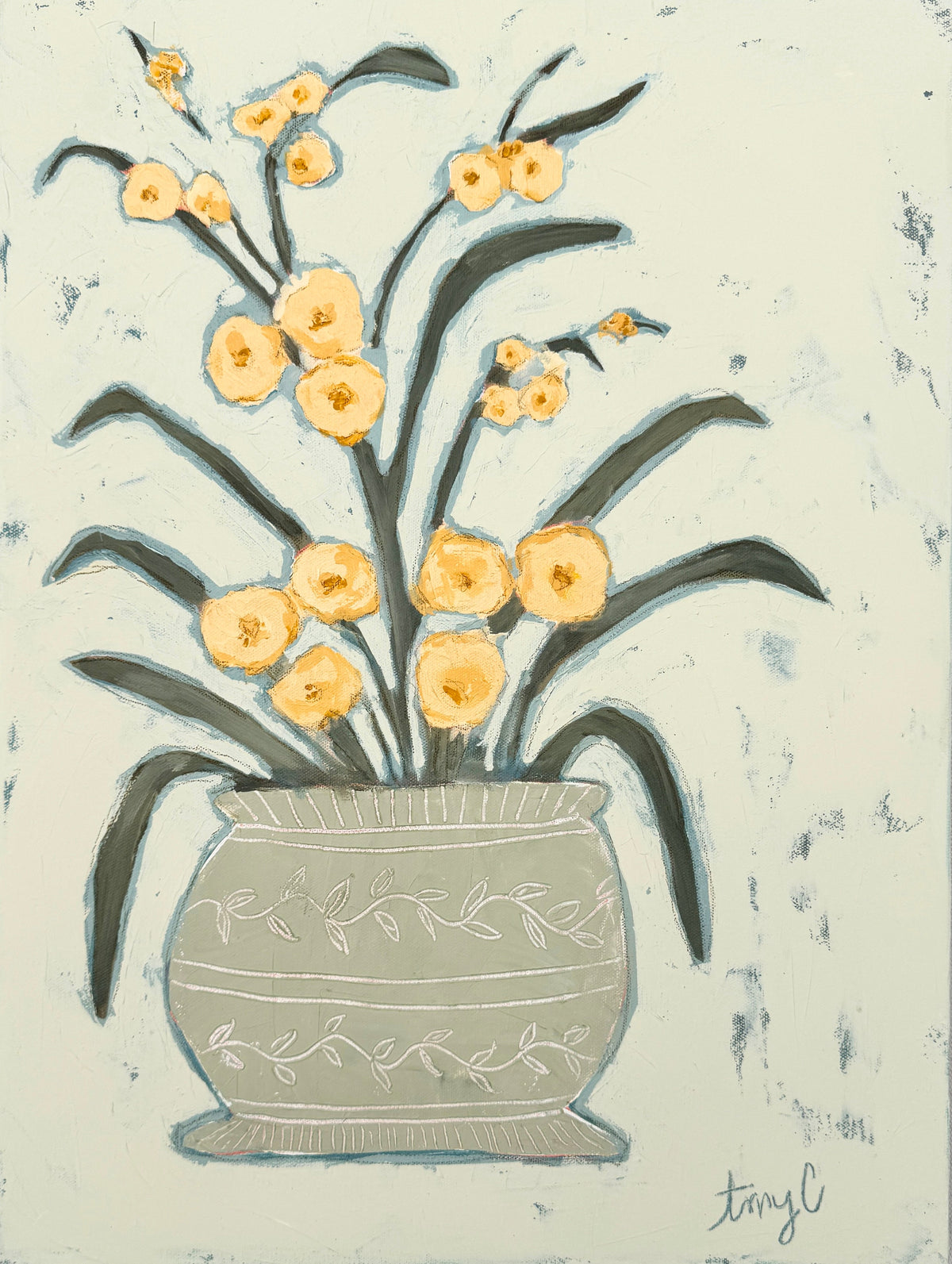 Golden Orchid in Carved Pot